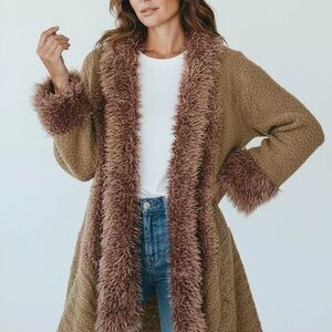 Noelle Women Brown Linen Cashmere Blend Faux Fur Trim Open Cardigan Sweater OS